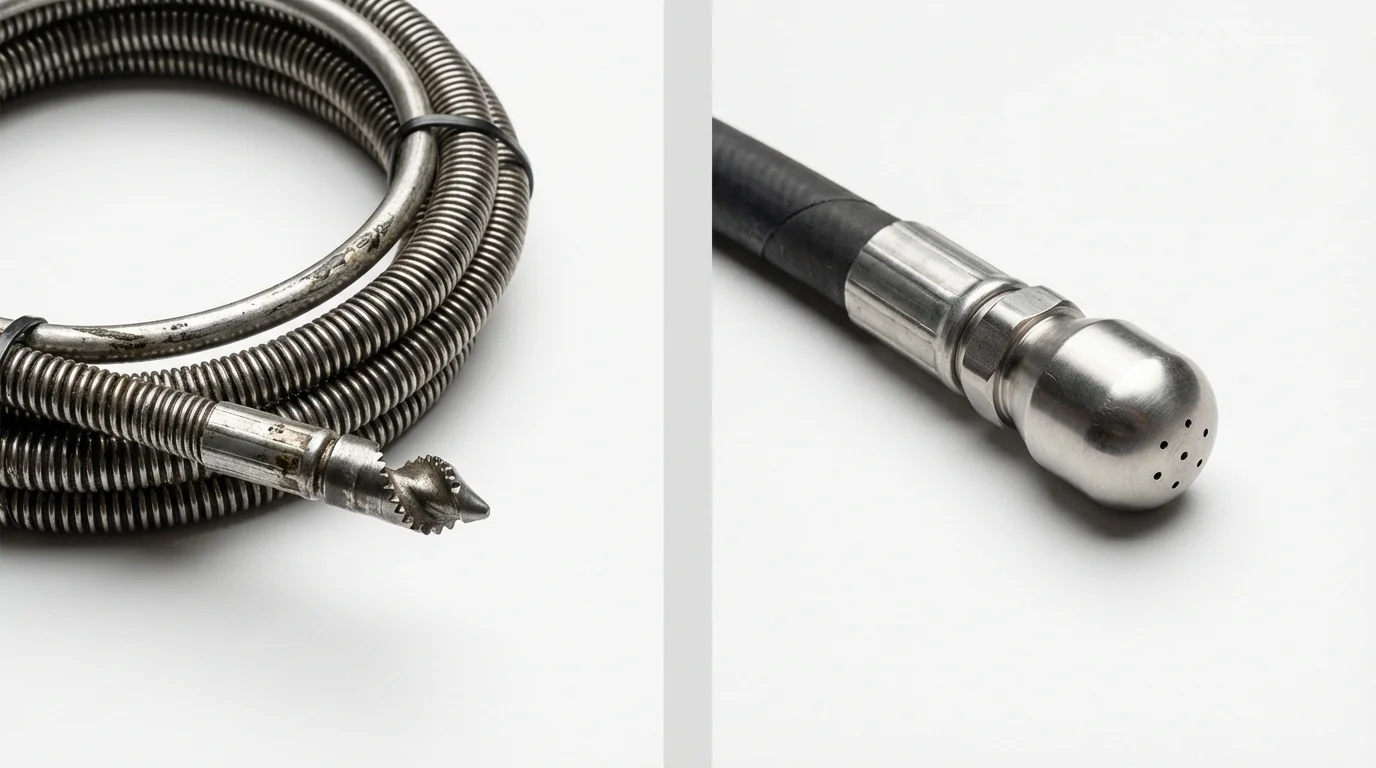 Drain snake cable and hydro jetting nozzle used for drain cleaning in Moscow, PA