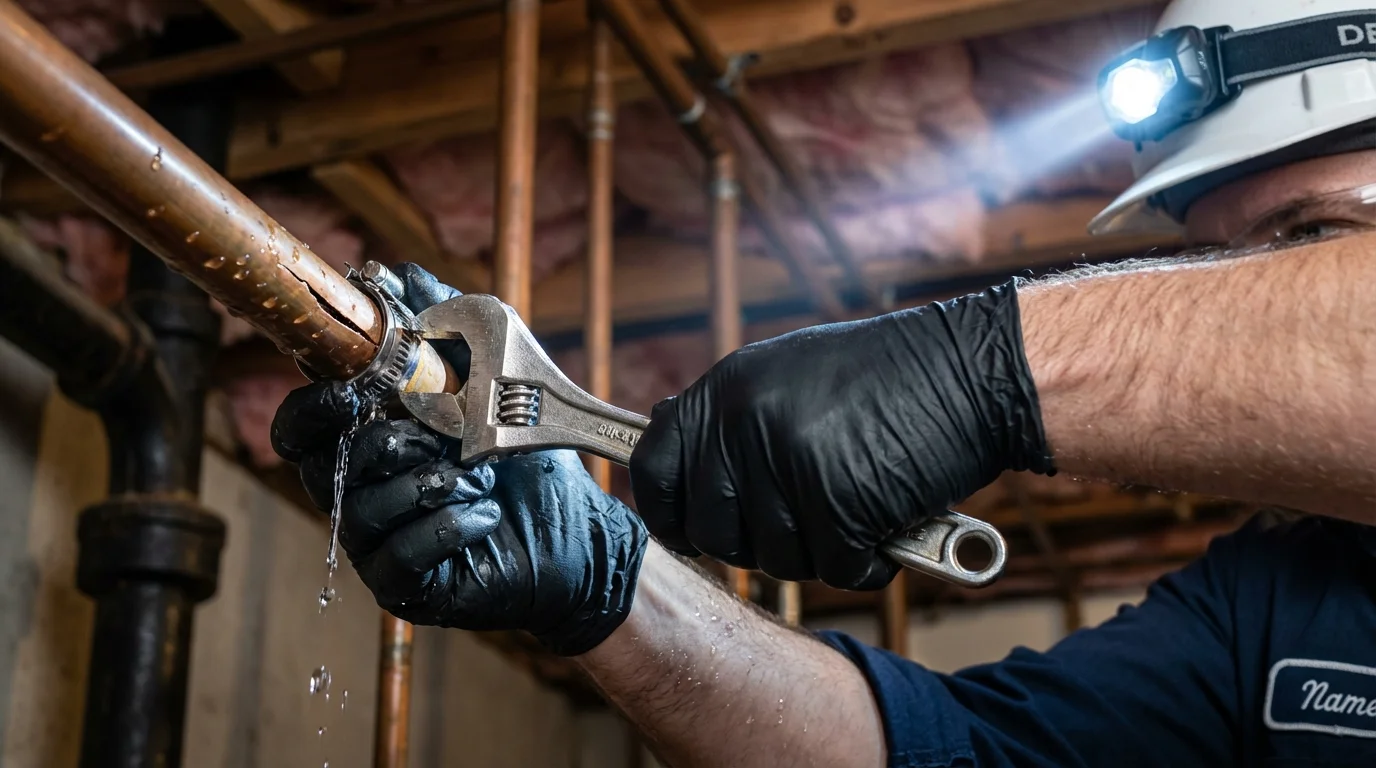 Emergency pipe clamp repair being performed by a Johns Plumbing LLC plumber in Moscow
