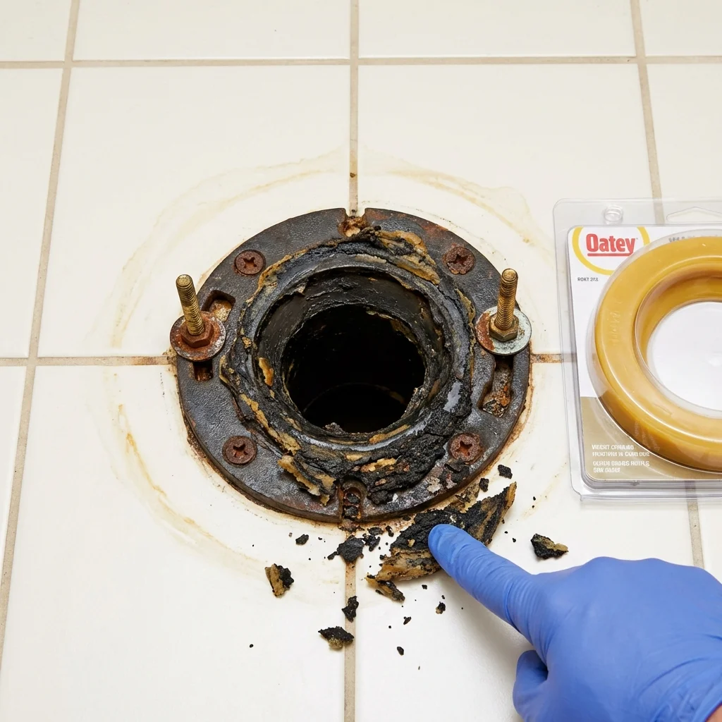 Failed wax ring showing water seepage at the base of a toilet in a Moscow, PA home