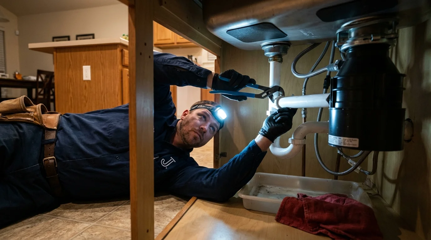 P-trap and supply line connections under a kitchen sink showing a common leak point in Moscow, PA